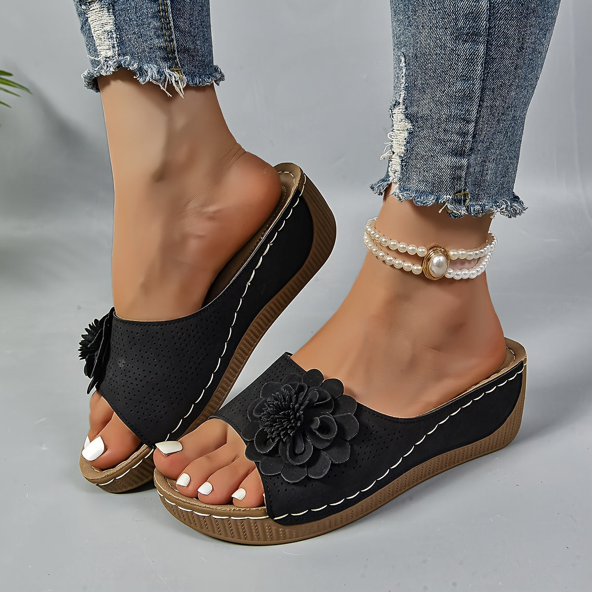 Keilabsatz Sandalen Bequeme Slip-On Schuhe mit Blumen-Deko