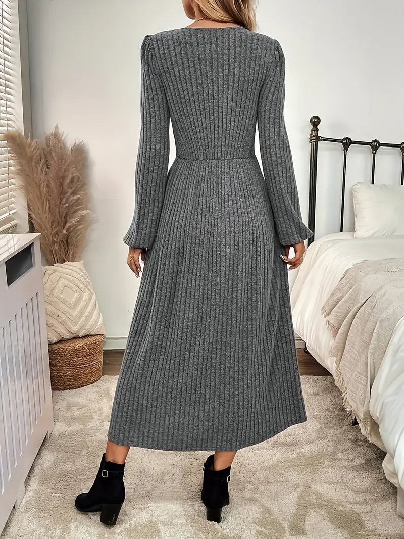 Elegantes A-Linien Strickkleid für Frauen – Stretch Fit mit Fake Knöpfen
