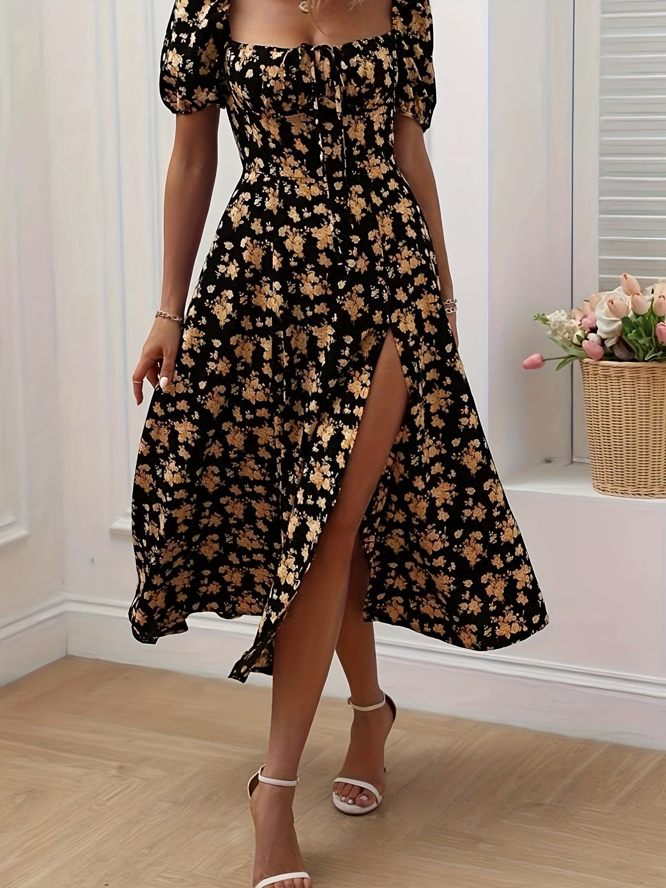 Kleid mit geblümten Puffärmeln in A-Linie Chic Split Hem für Frühling & Sommer
