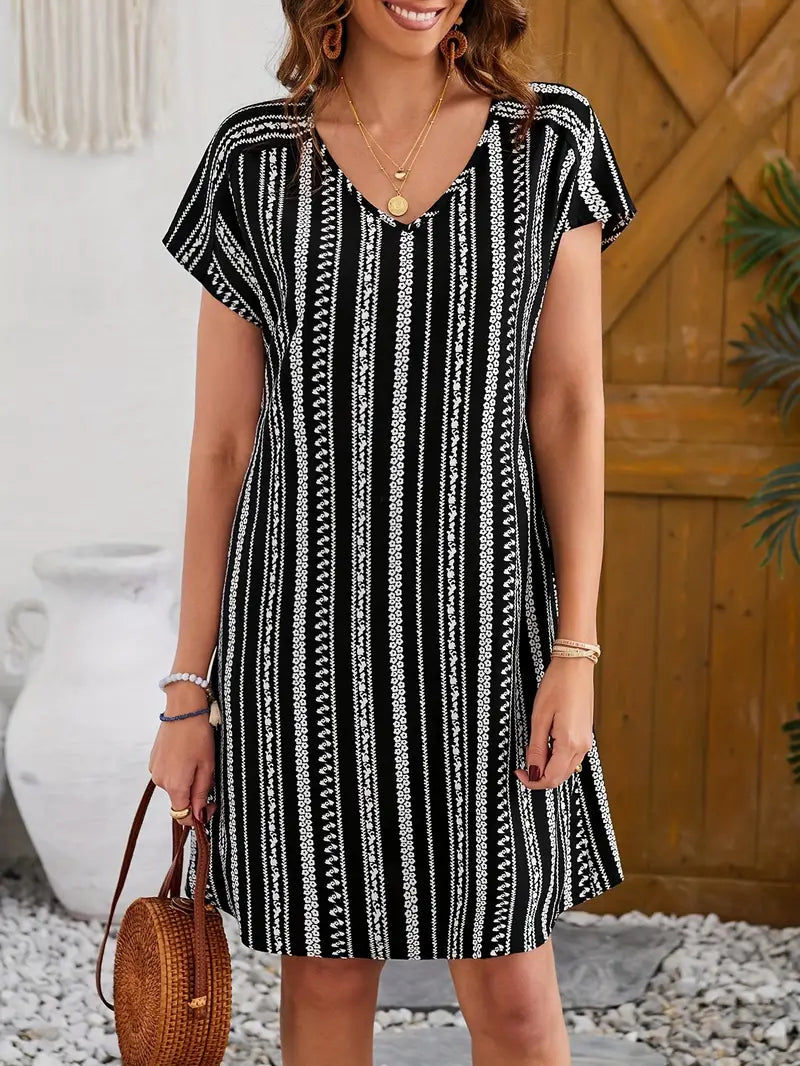 Gestreiftes Kleid mit V-Ausschnitt und kurzen Ärmeln