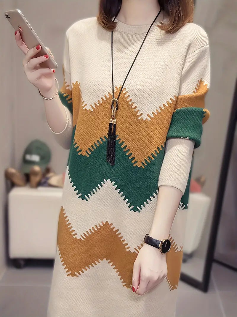 Langärmliges Kleid mit Streifenmuster, lässiger Rundhalsausschnitt mit Farbblock