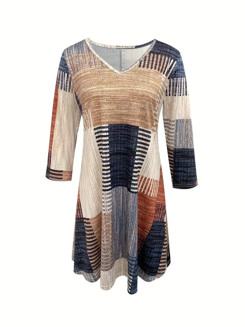 Lässiges Strickkleid mit V-Ausschnitt und A-Linie, Grafikdruck, lange Ärmel