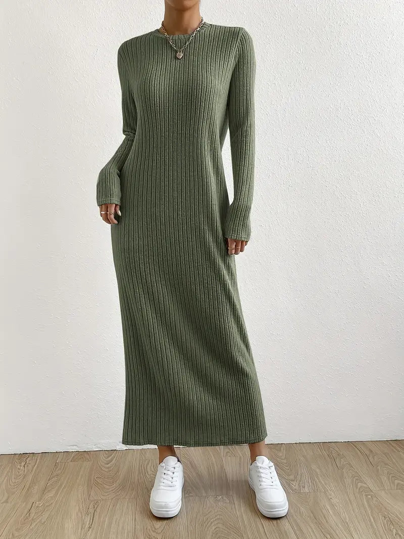 Langarm Maxi Kleid – Einfarbig, Elegantes Crewneck Design