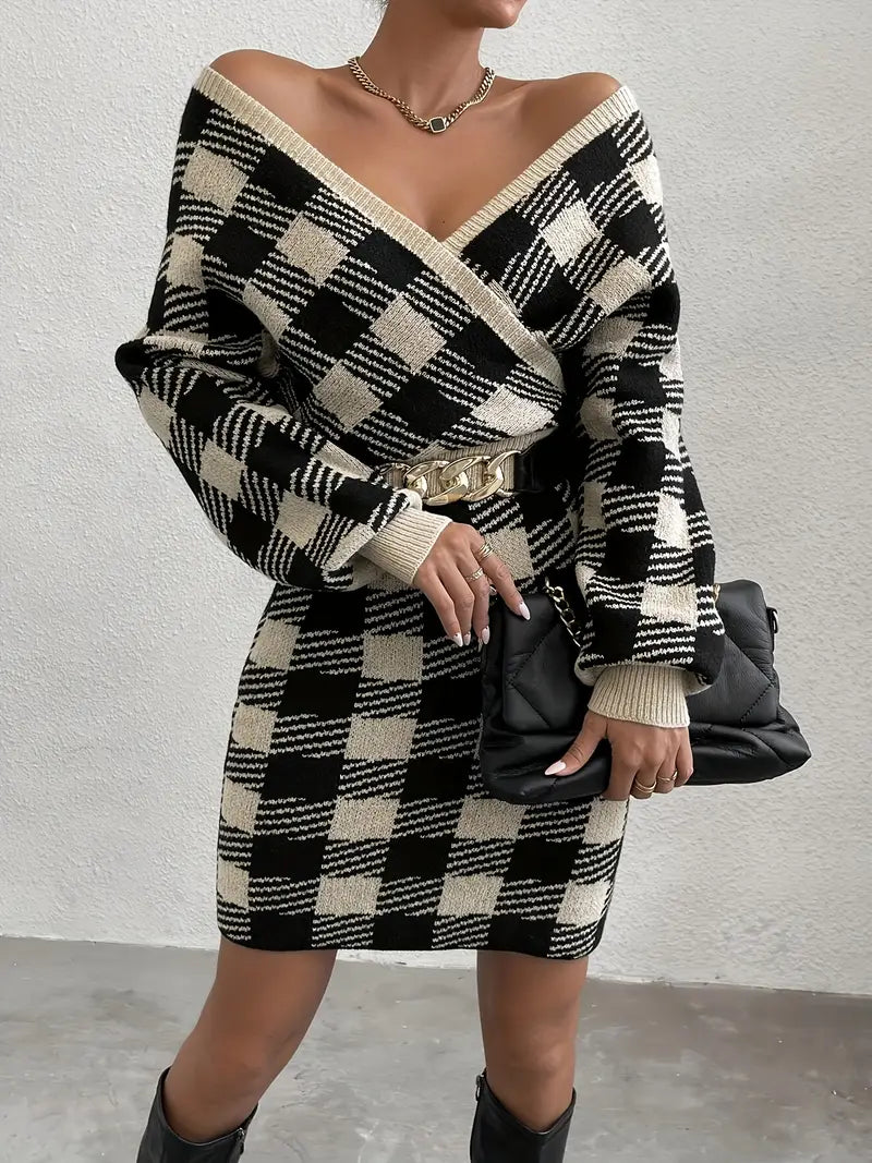 Elegantes Zweifarbiges Karomuster Strickkleid – V-Ausschnitt, Langarm