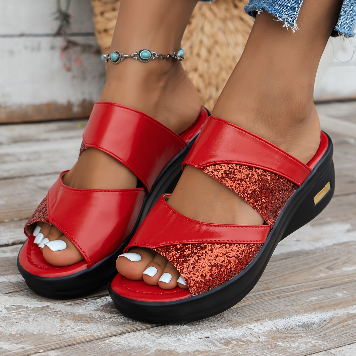 Keilabsatz Pailletten Sandalen Bequeme Sommerschuhe
