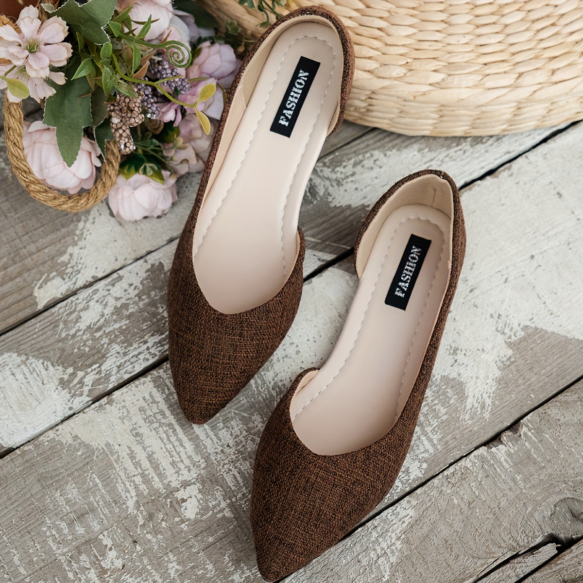 Elegante spitze Zehe Flats, Seite Ausgeschnittener Tweed-Slip-On Schuhe