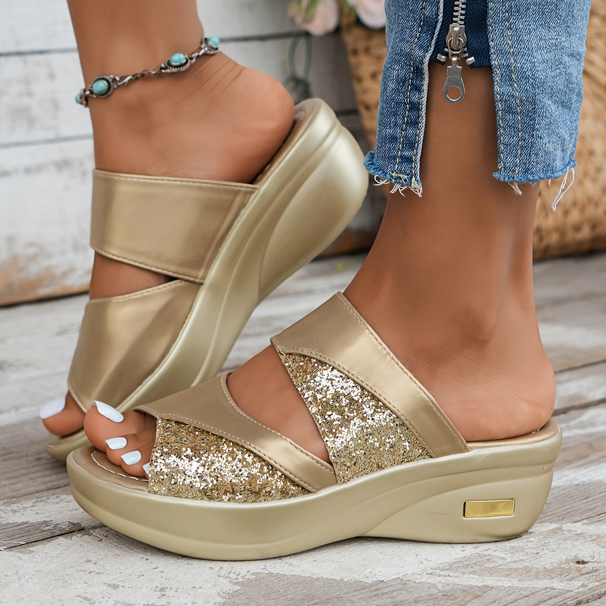 Keilabsatz Pailletten Sandalen Bequeme Sommerschuhe