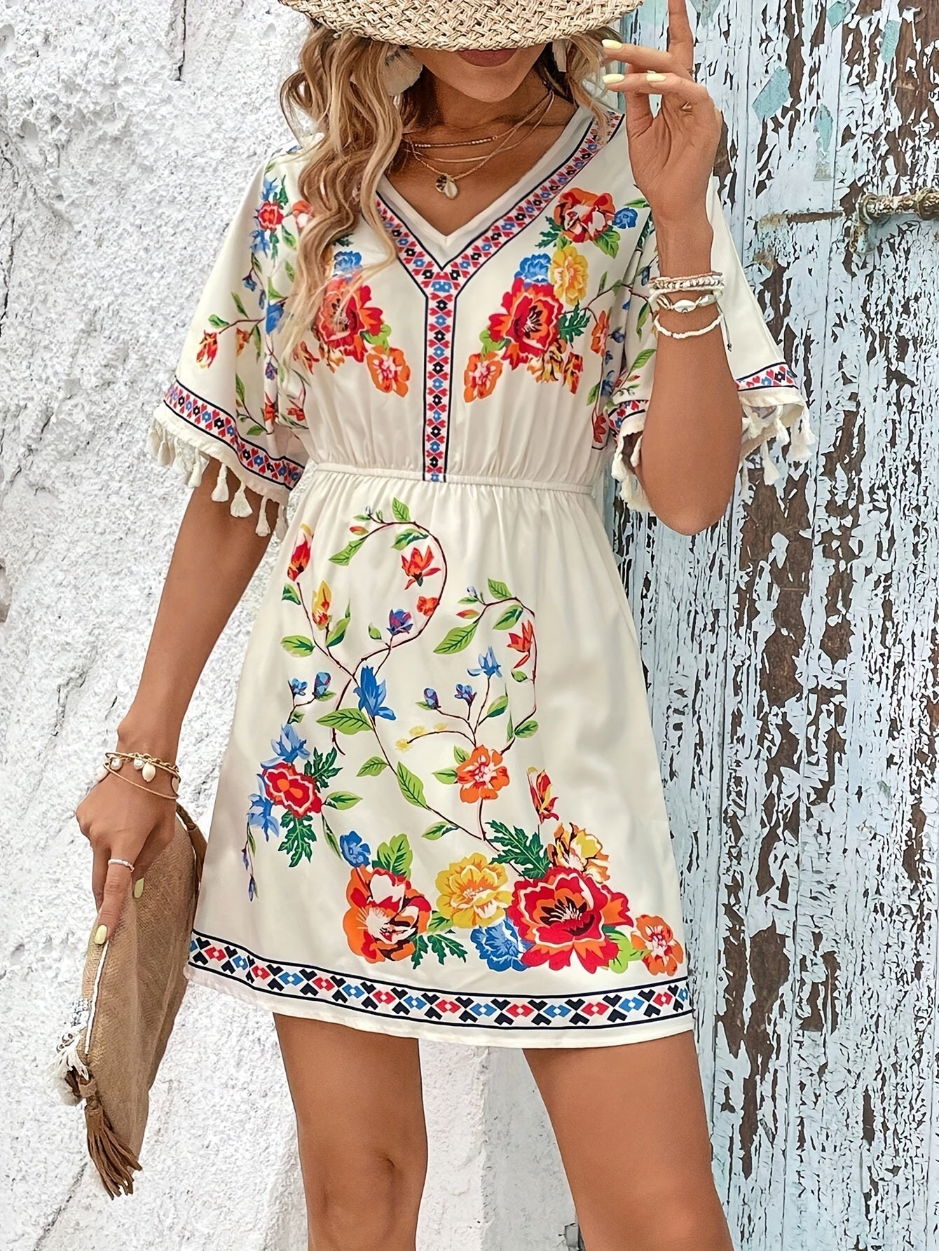 Elegantes Tassel Blumenmuster V-Ausschnitt Kleid für Damen