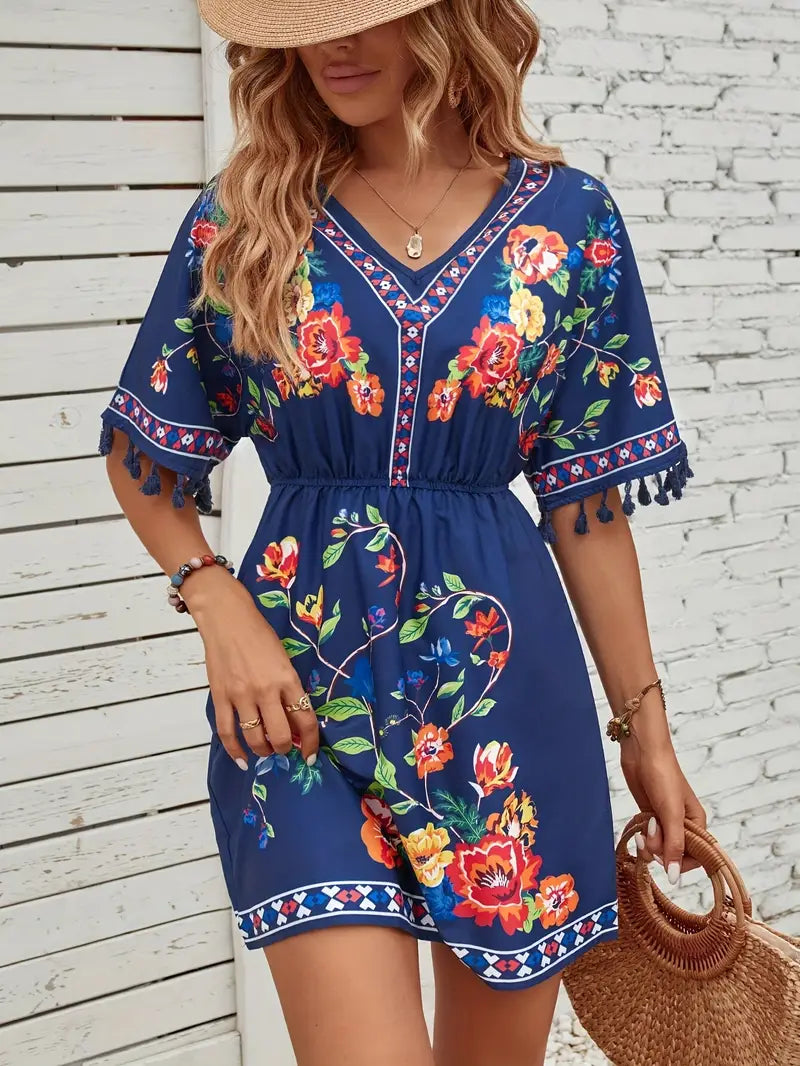 Elegantes Tassel Blumenmuster V-Ausschnitt Kleid für Damen