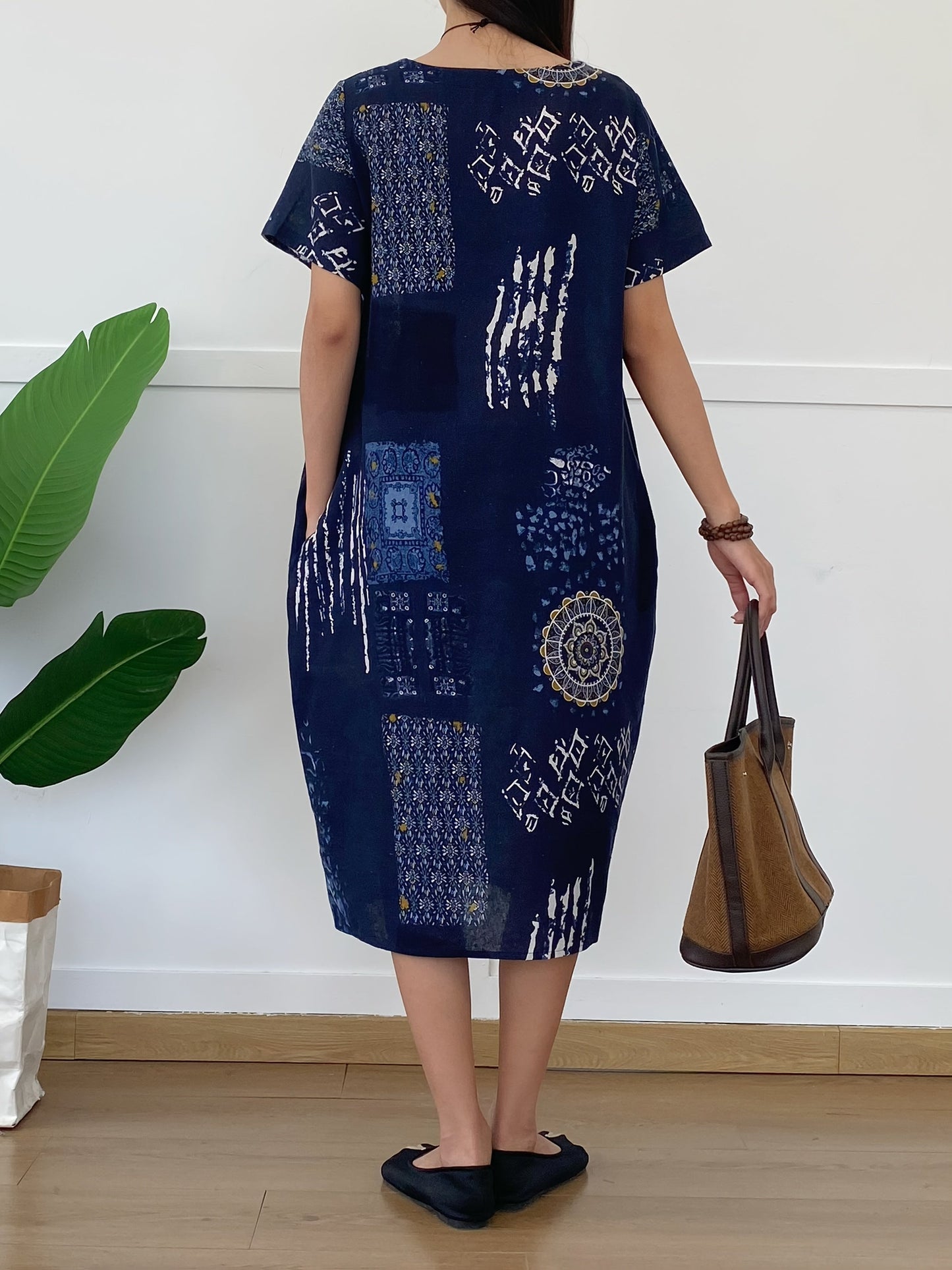 Lässiges Damen-Sommerkleid – Leinen, Kurzarm, Rundhals & Praktische Taschen