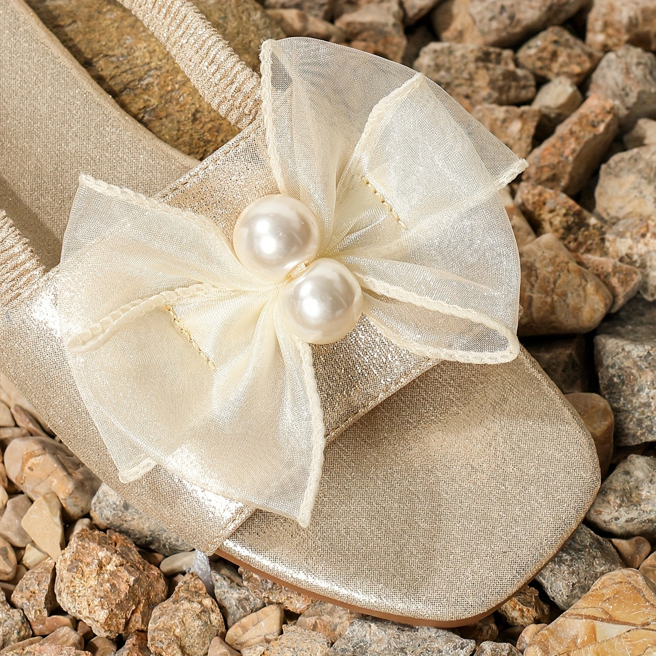 Elegante Faux-Perlen Sandalen mit Schleifen, Riemen & Elastischem