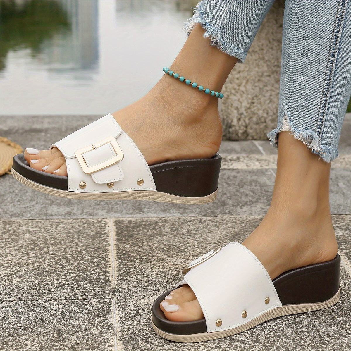 Damen Einfarbiges Mid Heel Sandalen – Elegante Keilsandalen, Bequem & Stylisch