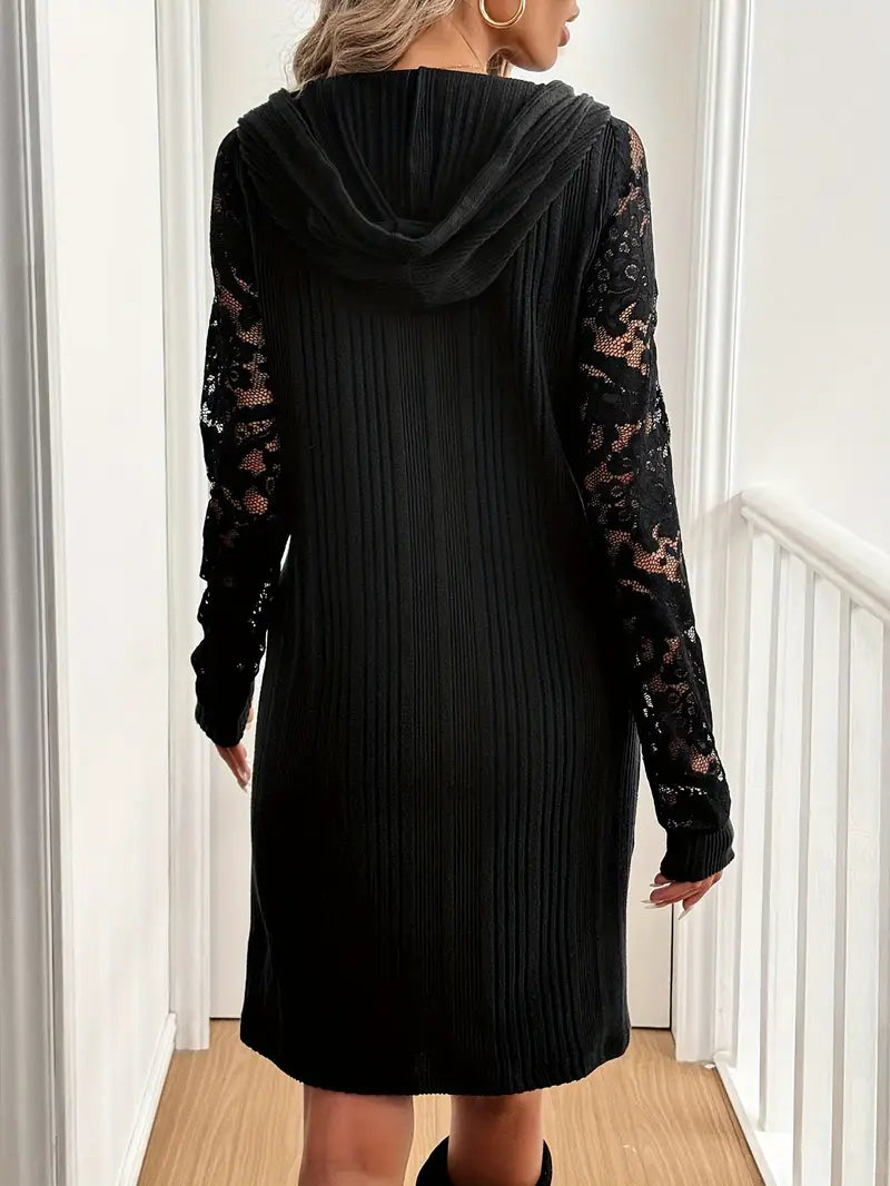 Hoodie-Kleid mit Spitze – Schwarzes Langarm-Sheath