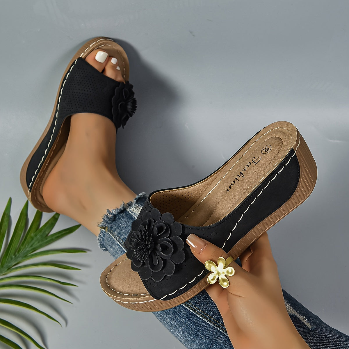 Keilabsatz Sandalen Bequeme Slip-On Schuhe mit Blumen-Deko