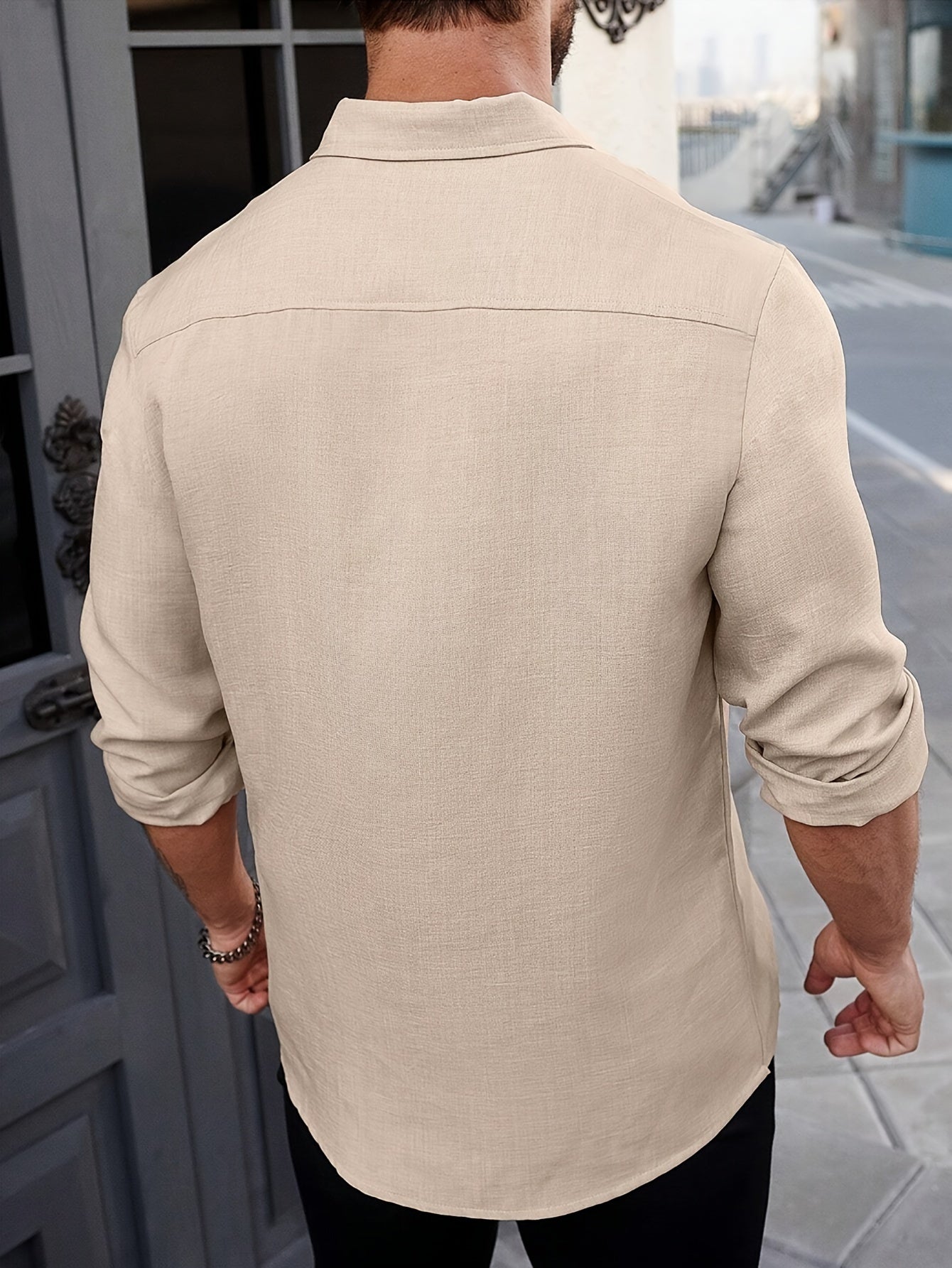 Herren Vintage Langarm Hemd aus Rayon-Leinen, Lockerer Schnitt, Stehkragen