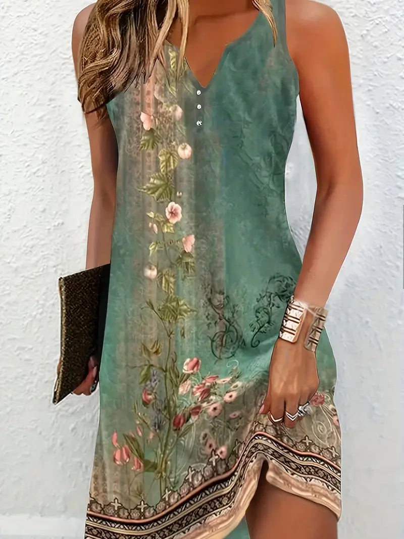 Carilis - Ärmelloses Vintage-Kleid mit gekerbtem Ausschnitt und Blumendruck