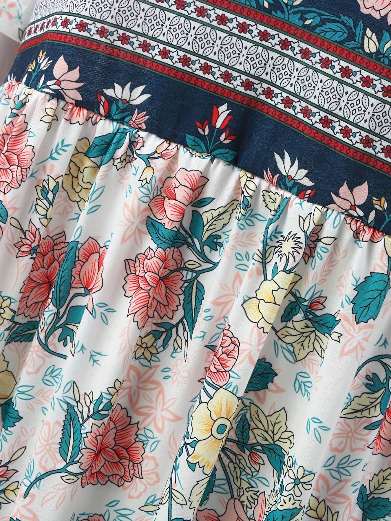 Vintage Blumenprint Kleid Boho Hohe Taille Kurzarm Sommerkleid für Damen