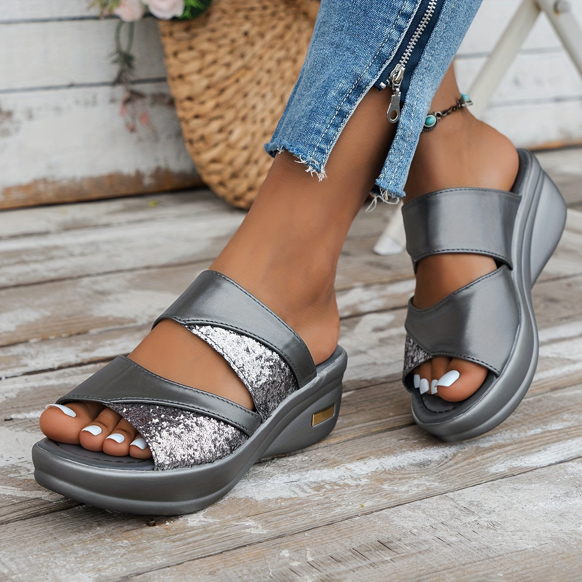 Keilabsatz Pailletten Sandalen Bequeme Sommerschuhe