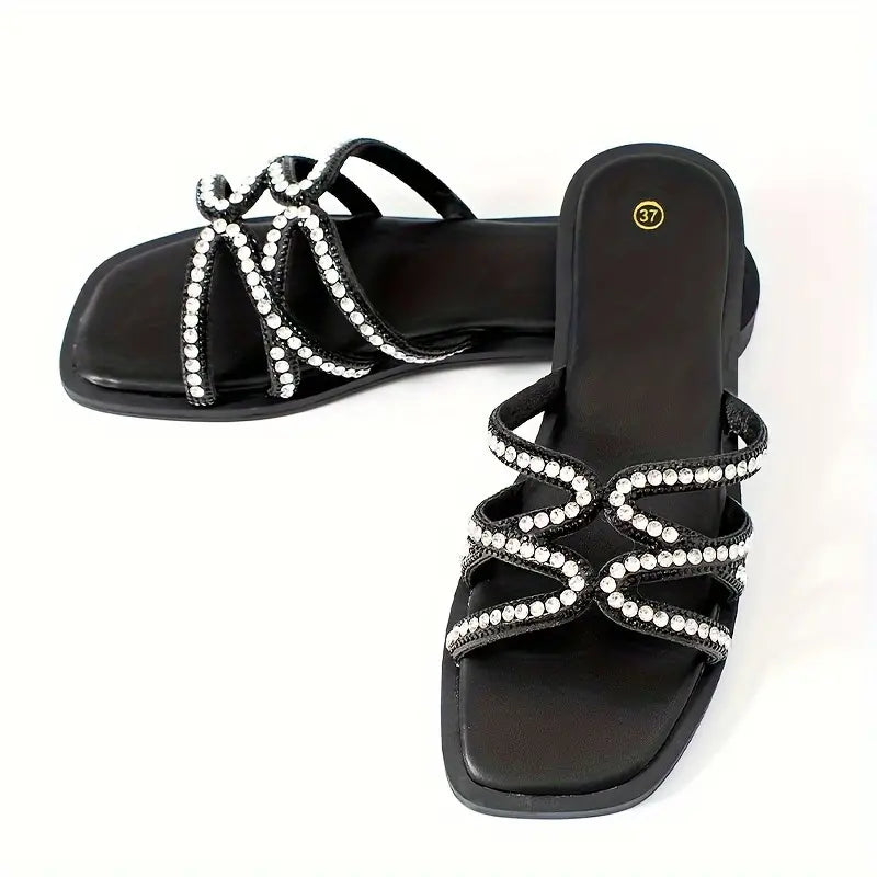 Frauen Strass verschönert Slide Sandalen, elegante Sommer Slip On Meeresküste Rutschen