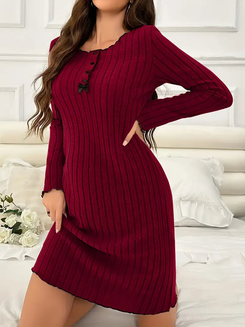 Elegantes Longsleeve Kleid – Schleifen-Detail, Slim Fit, Kontrast-Besatz