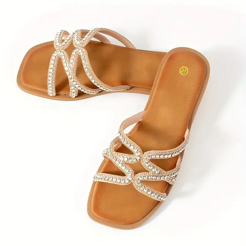 Frauen Strass verschönert Slide Sandalen, elegante Sommer Slip On Meeresküste Rutschen