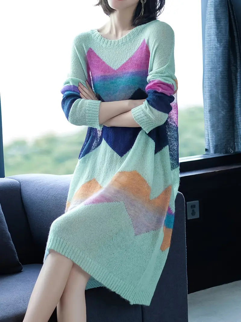 Elegantes Strick-Midikleid aus Baumwolle – Farbblock-Design für Damen