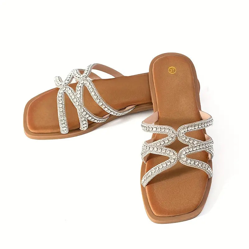 Frauen Strass verschönert Slide Sandalen, elegante Sommer Slip On Meeresküste Rutschen