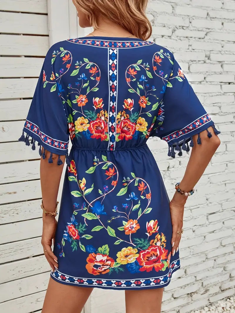 Elegantes Tassel Blumenmuster V-Ausschnitt Kleid für Damen