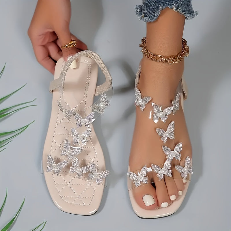Flache Sandalen mit Strass-Schmetterlingen für Damen, Leichte Sommer