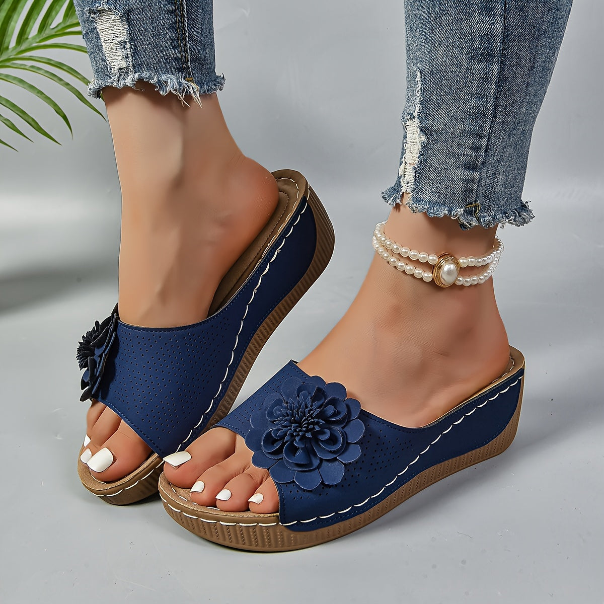 Keilabsatz Sandalen Bequeme Slip-On Schuhe mit Blumen-Deko
