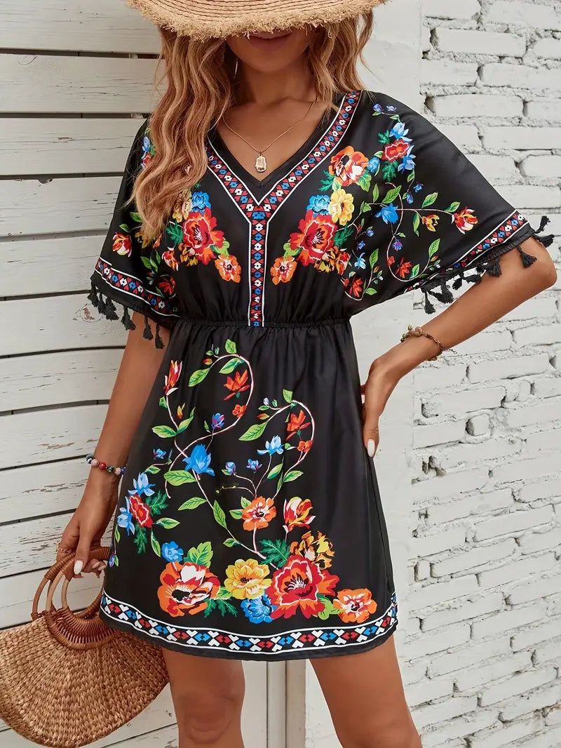 Elegantes Tassel Blumenmuster V-Ausschnitt Kleid für Damen