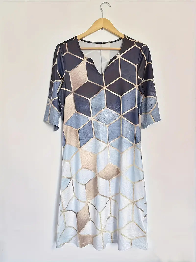 Elegantes geometrisches Farbblock-Midikleid - V-Ausschnitt