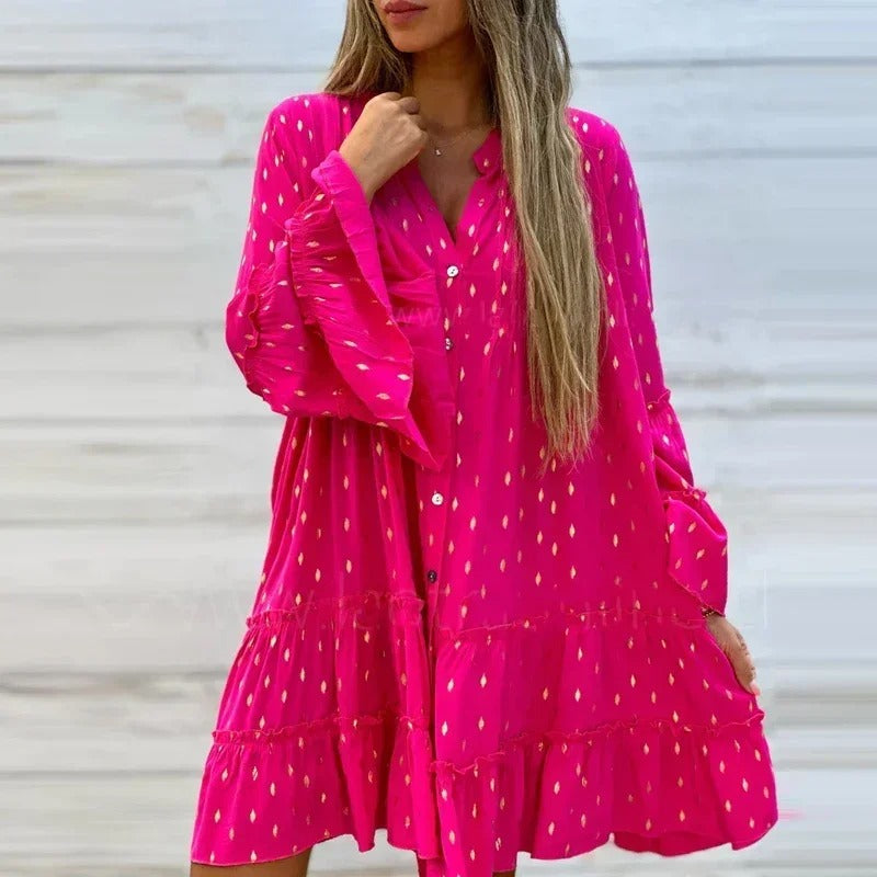 Marie - Damen lässige Kleider mit Rüschen und Patchwork im V-Ausschnitt und lockerem Schnitt