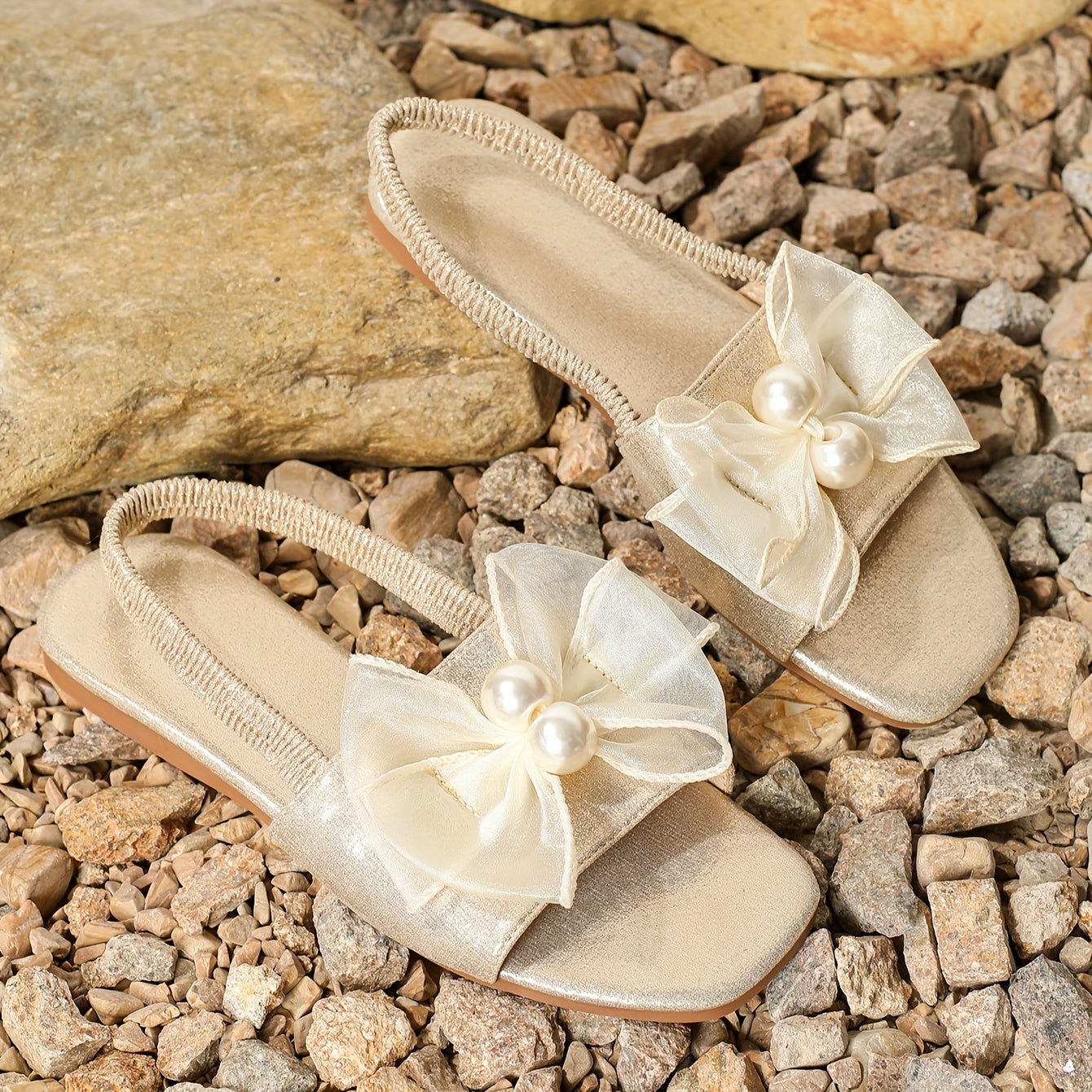 Elegante Faux-Perlen Sandalen mit Schleifen, Riemen & Elastischem