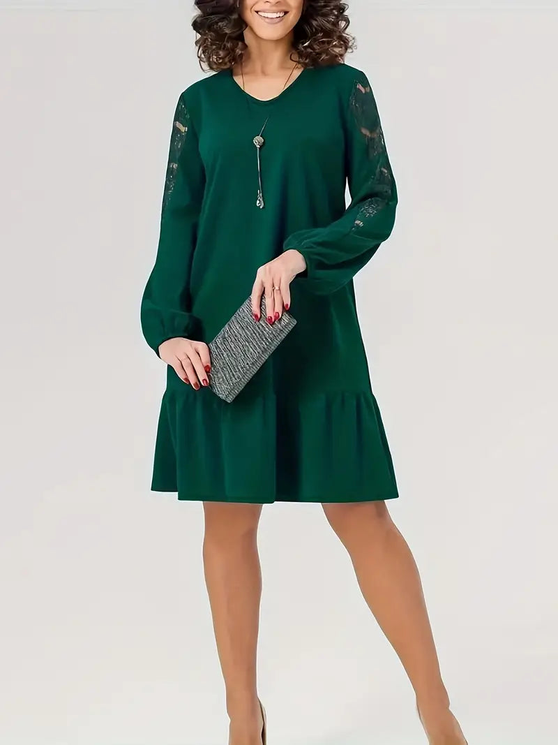 Midi-Kleid mit Stehkragen, Langarm, A-Linie – Solide Farben