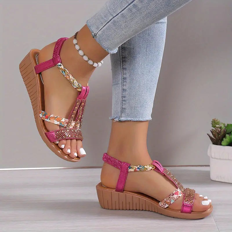 Nille - Boho Glam Strass geflochtene Keilsandalen