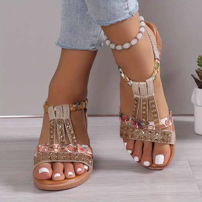 Nille - Boho Glam Strass geflochtene Keilsandalen
