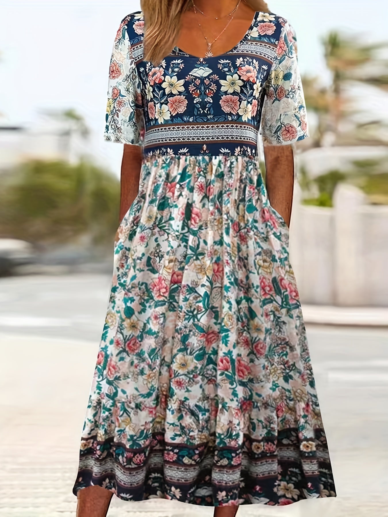 Vintage Blumenprint Kleid  Boho Hohe Taille Kurzarm Sommerkleid für Damen