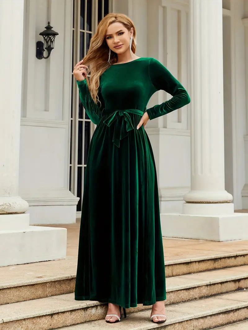 Elegantes Langarmkleid mit Gürtel, Boot-Ausschnitt, Knöchellang