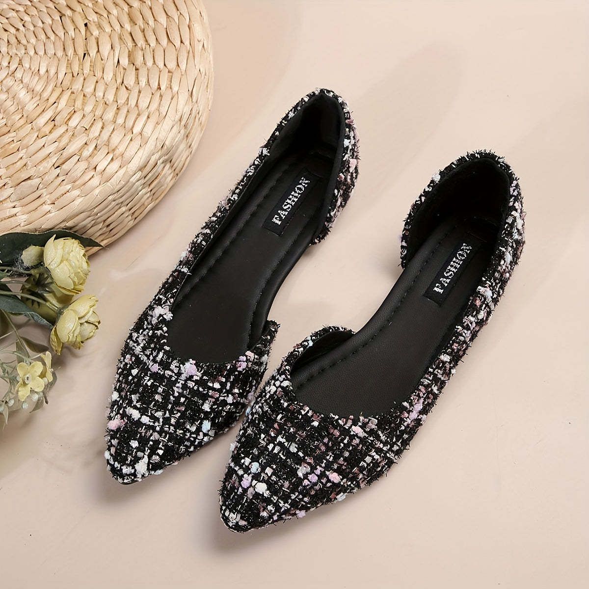 Elegante spitze Zehe Flats, Seite Ausgeschnittener Tweed-Slip-On Schuhe