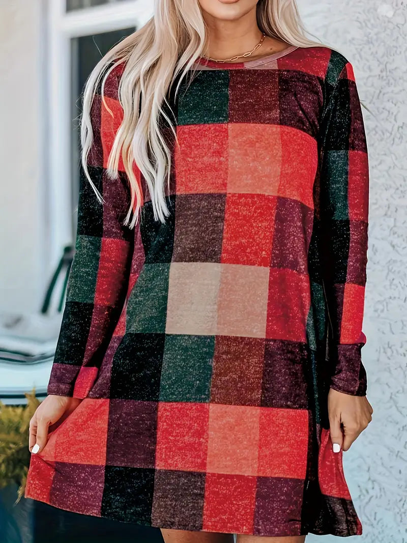 Kariertes Minikleid Lässig mit Rundhalsausschnitt und langen Ärmeln