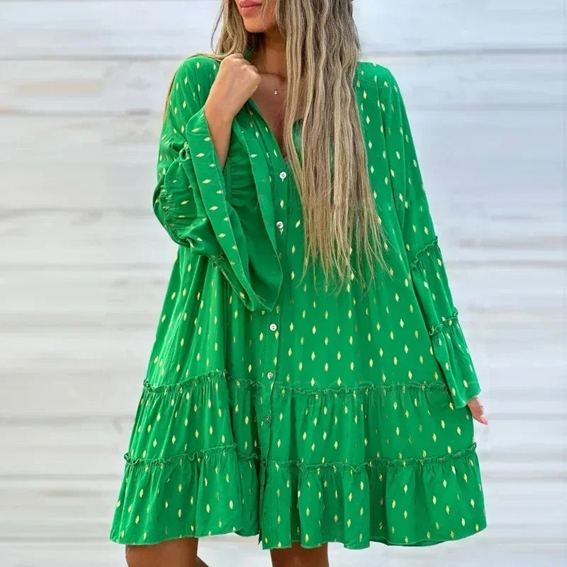 Marie - Damen lässige Kleider mit Rüschen und Patchwork im V-Ausschnitt und lockerem Schnitt