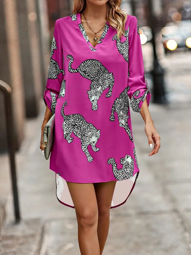 Elegantes Animal Print Kleid für Damen, V-Ausschnitt