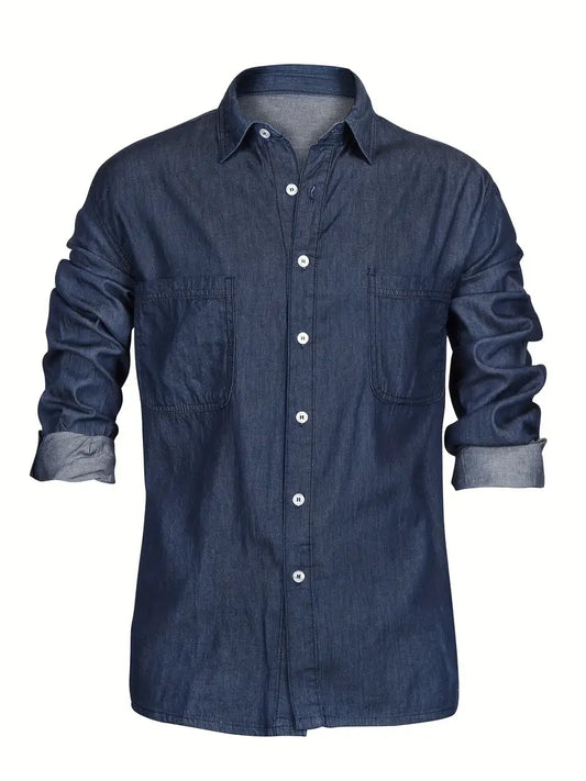Brusttaschen Lässiges Button-Up Langarm Denim-Hemd