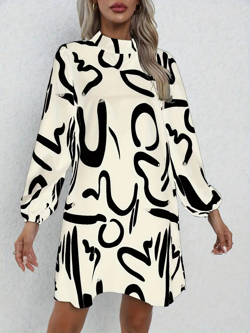 Elegantes Langarmkleid mit Abstraktem Print, Winter & Herbst