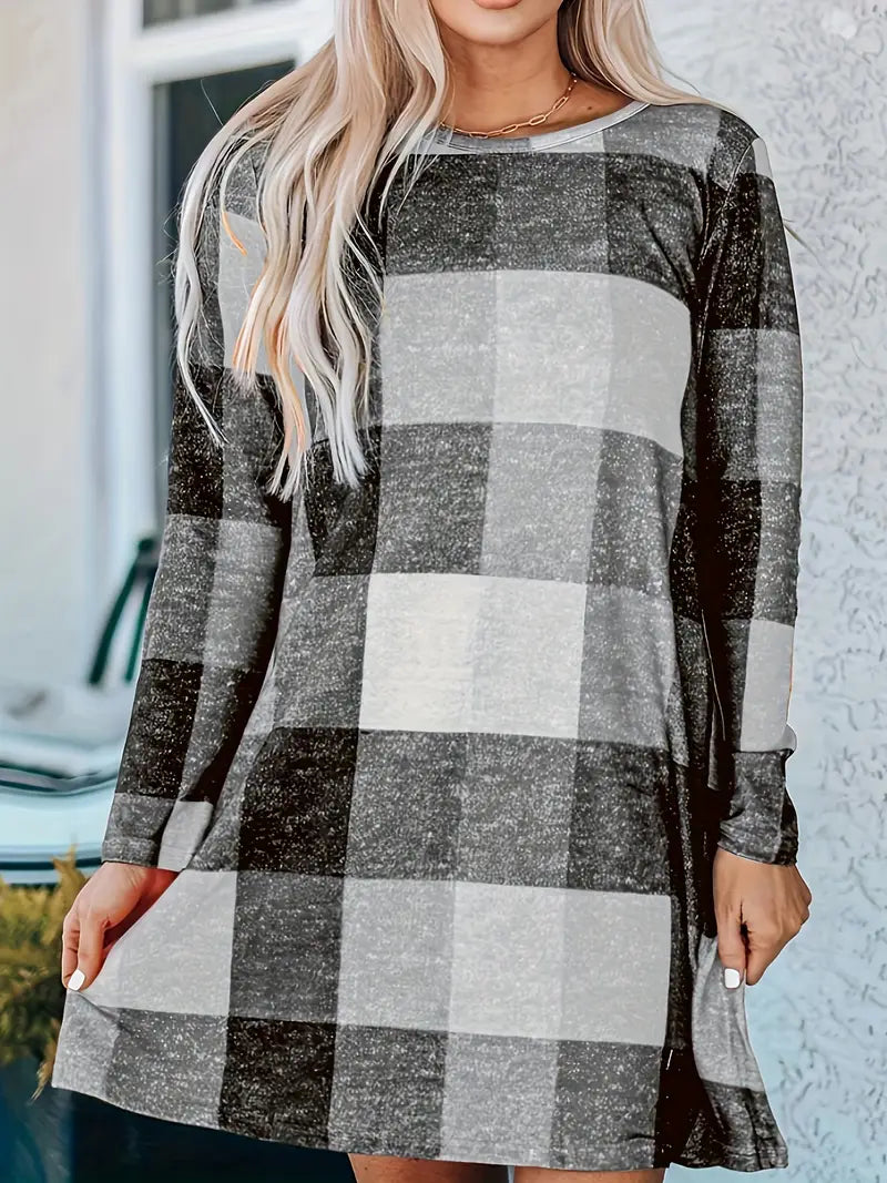 Kariertes Minikleid Lässig mit Rundhalsausschnitt und langen Ärmeln