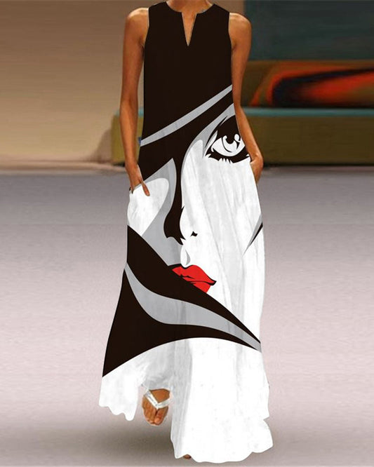 Graceful Breeze: Ärmelloses Maxi-Kleid mit einzigartigem Druck