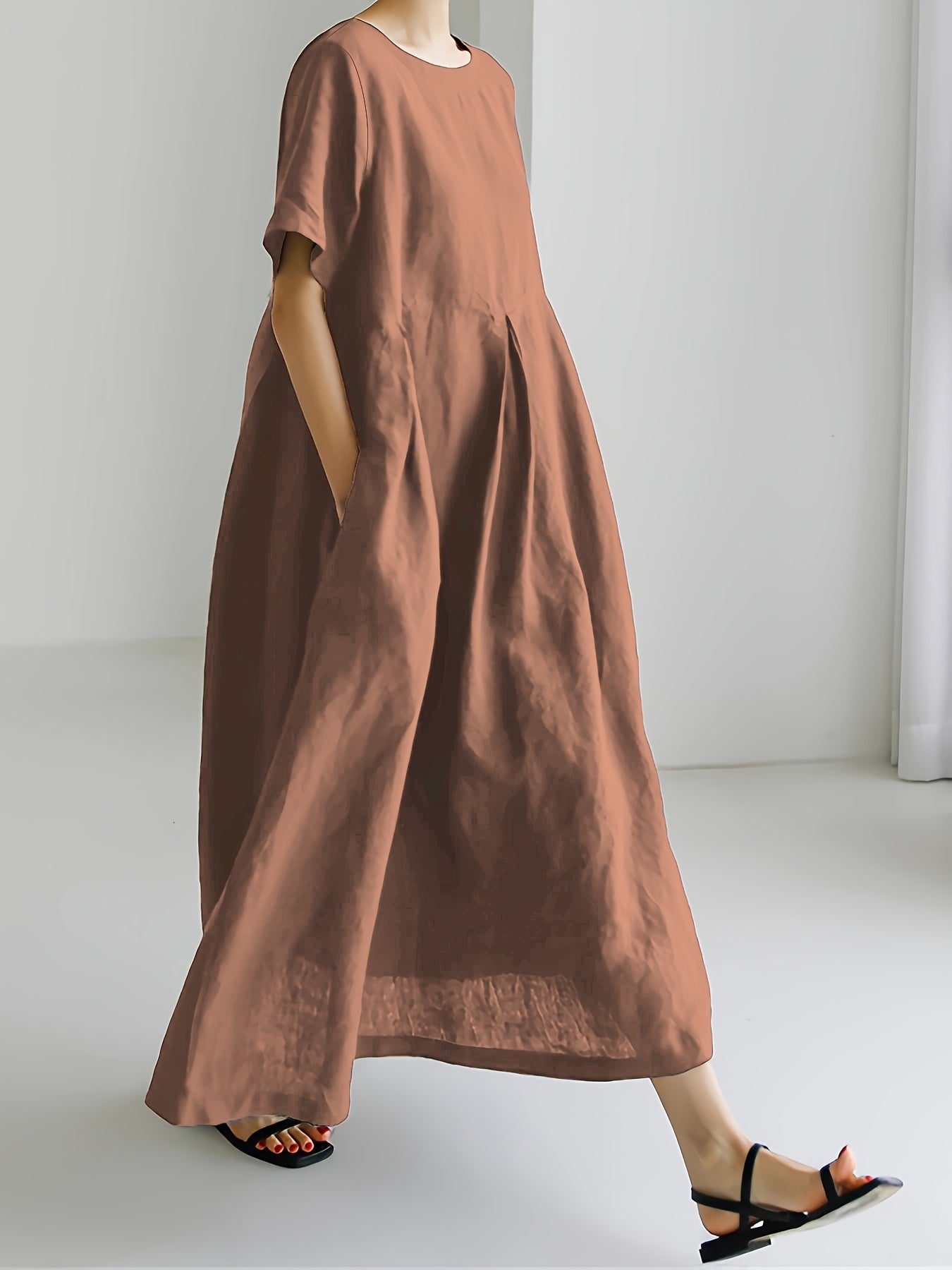 Leinen-Mix Midi-Kleid mit Taschen – Kurzarm Hochtailliert Sommermode