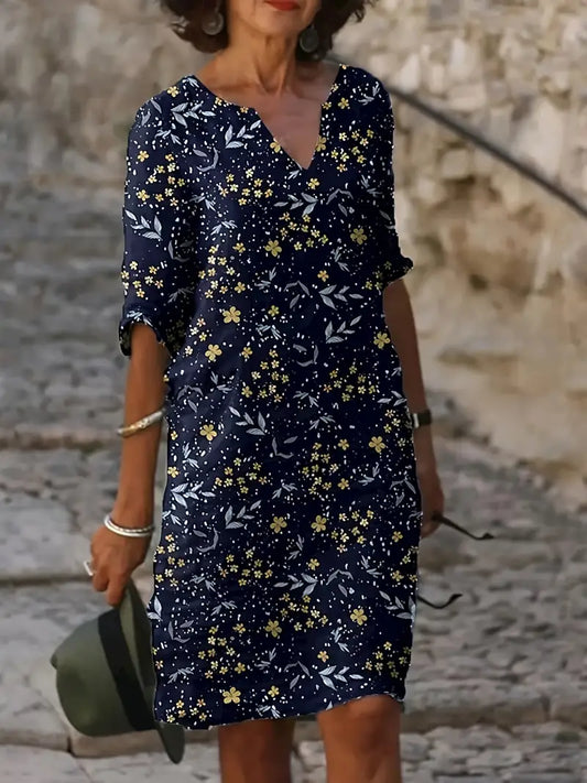 Floral Print V-Ausschnitt Lockeres Kleid, Lässiges Kleid mit halben Ärmeln