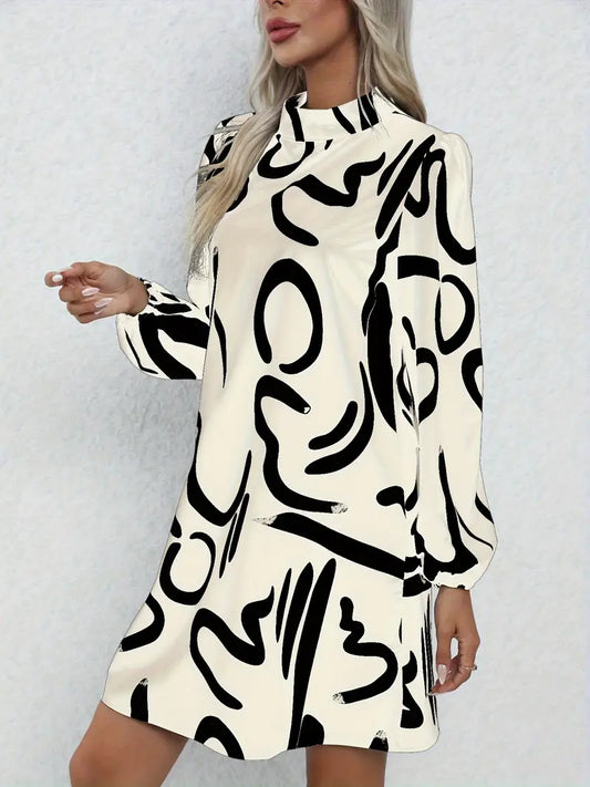 Elegantes Langarmkleid mit Abstraktem Print, Winter & Herbst